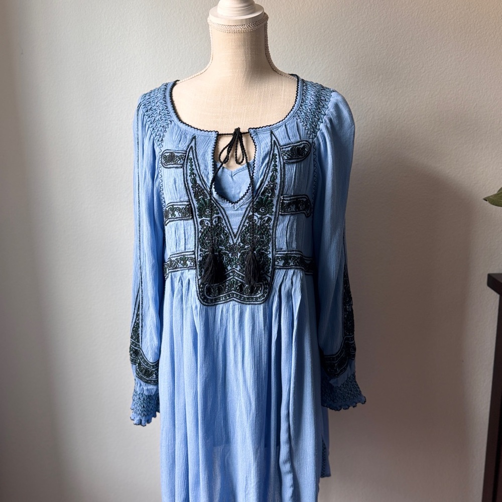 Free People Blue Embroidered Tassel Tie Tunic Top | Size Small